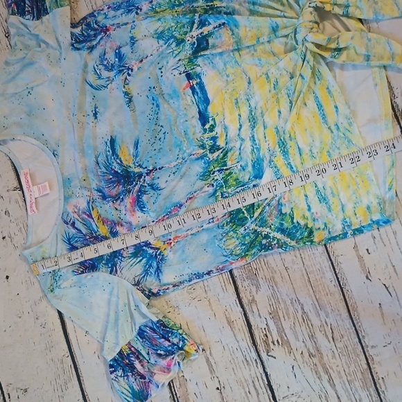 Leoma Lovegrove Blue Yellow Palm Tree Print Frilled Sleeve Tie Waist Top Shirt S - Picture 5 of 7